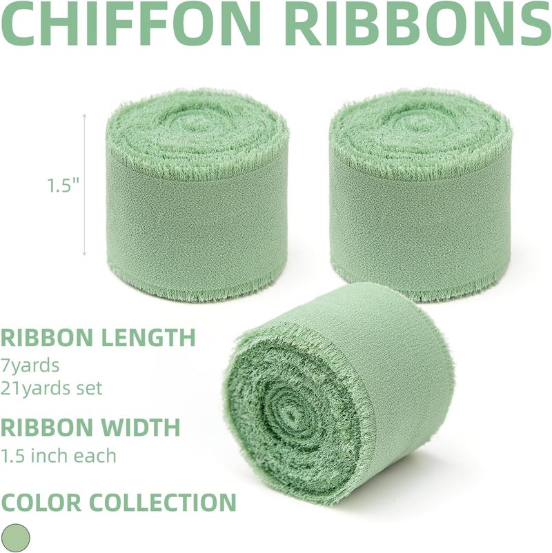 KEOSREE 3 Rolls Sage Green Handmade Chiffon Ribbon,1.5" x 21Yd Frayed Fringe Silk Ribbons (3 Rolls *7Yd) for Gifts Wrapping, Wedding Invitations, Bridal Bouquets, Decorations - Image 2